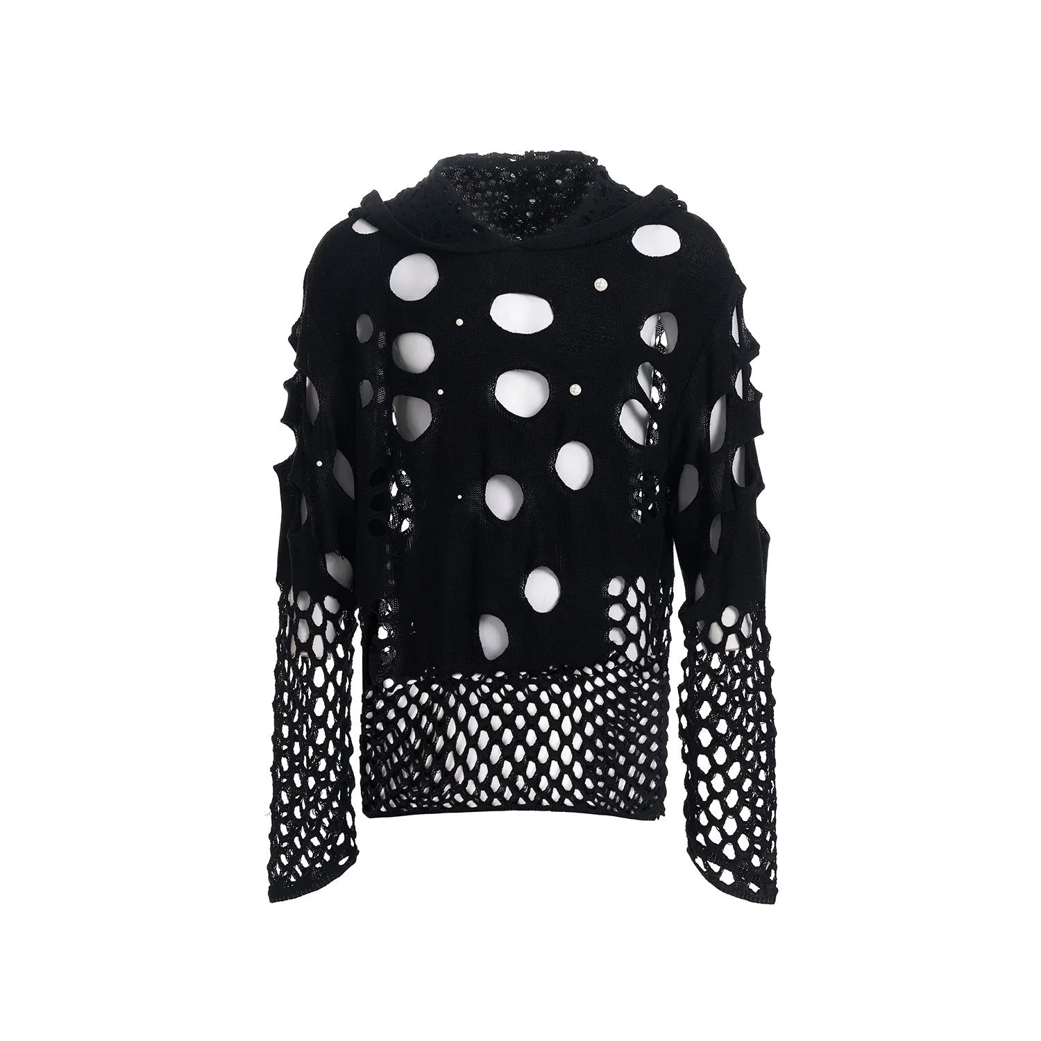 Black men's loose-fit hollow knit hoodie with pearl decorative detail on the front.