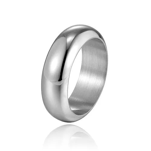 Glossy electroplated titanium steel ring in gold, black, and steel colours showing band detail