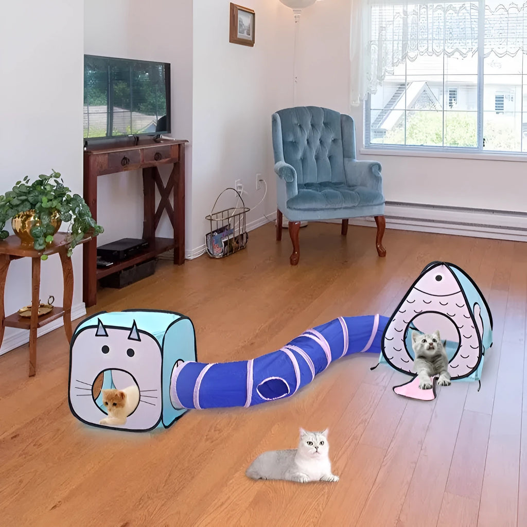 Foldable cat tent tunnel with fish pattern fabric collapsed for storage