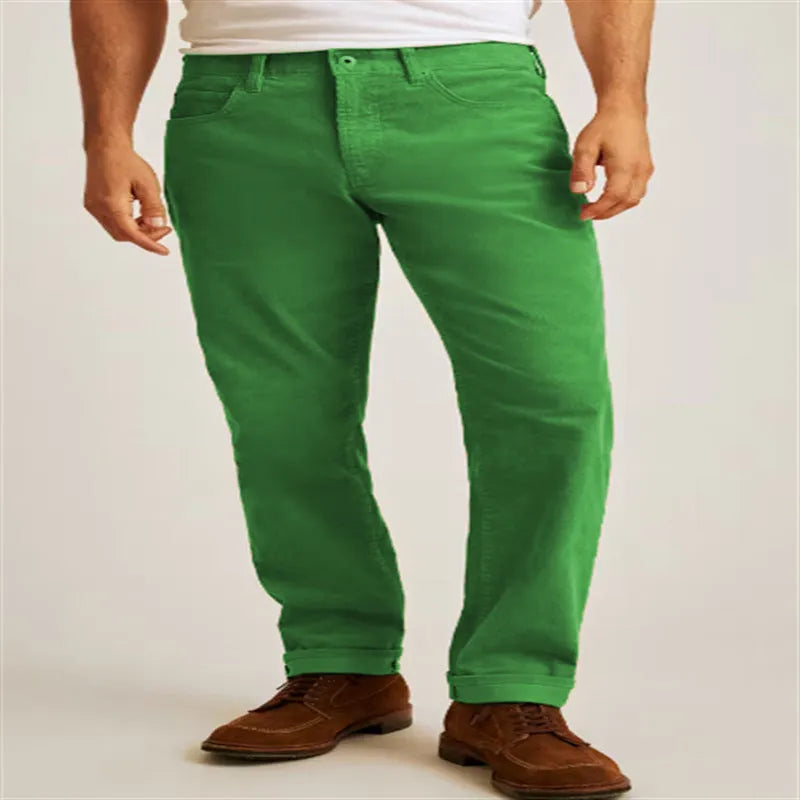 Straight-leg corduroy trousers in a solid colour on a mid-waist model.