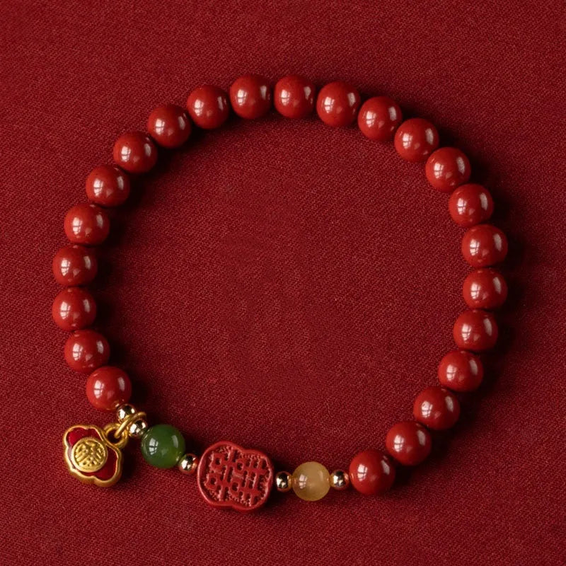 Happy Eyebrow Bracelet with raw emperor sandstone beads and fu character in New Chinese style