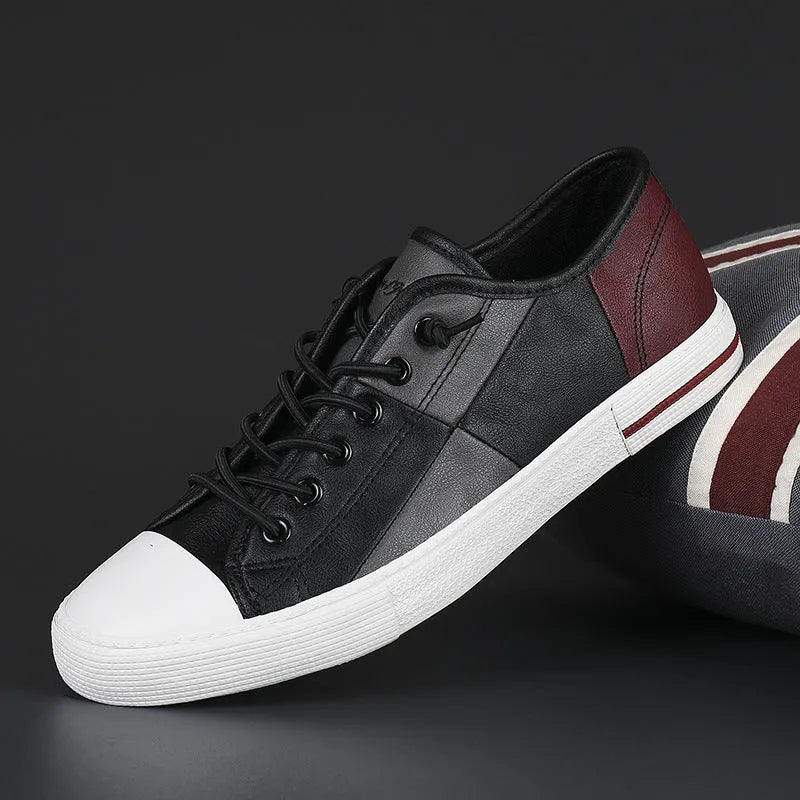 Men's round toe leather pumps with elastic band and vulcanised rubber sole in colour matching design