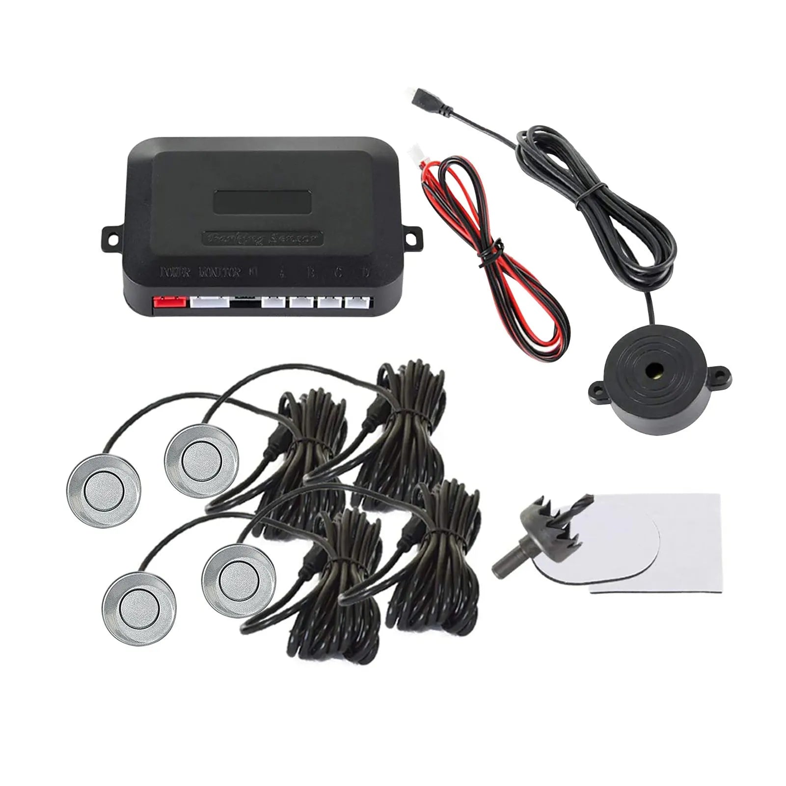 4-probe car parking sensor system with buzzer alert module, sensors in multiple colours, hole saw and installation cables