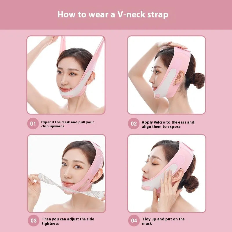 Pink and black elastic V-shaped face bandage for facial contouring, shown with full English box packaging.