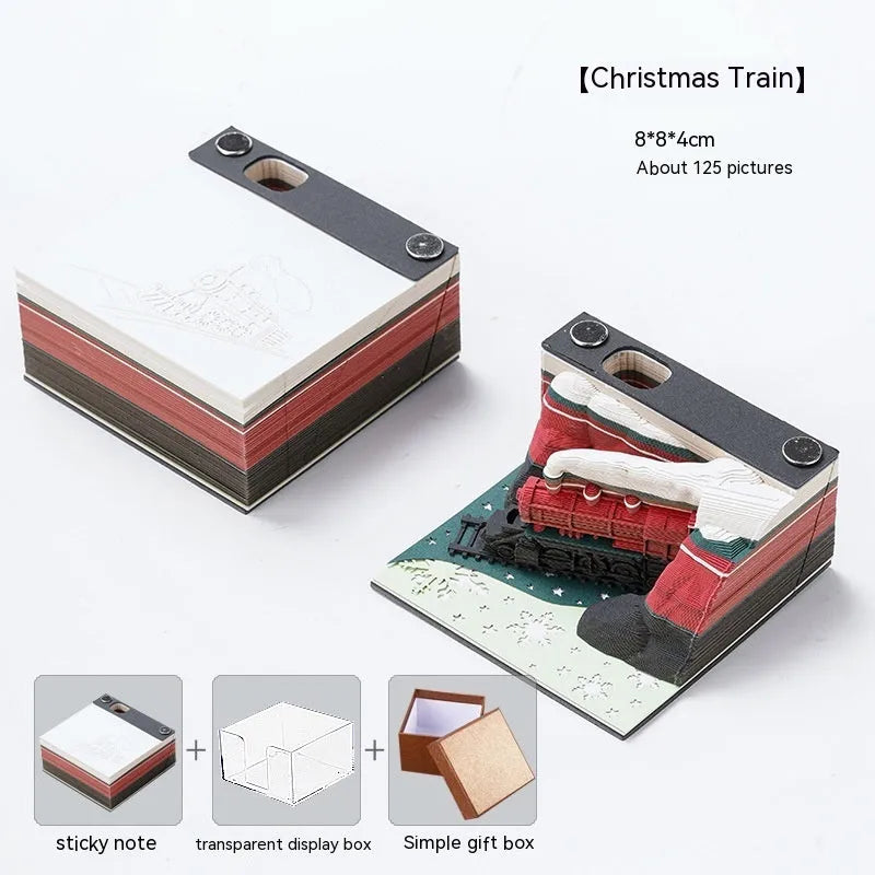 Three-dimensional paper carved sticky notes with Christmas Train themed decorative cover