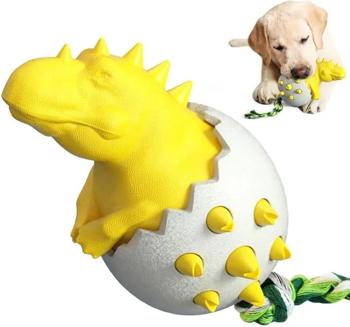 Blue dinosaur-shaped rubber dog chew toy with rope and textured cleaning nubs for aggressive chewers.