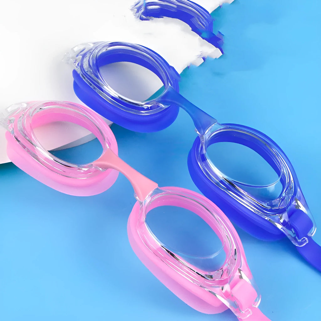 Myopia swimming goggles with anti-fog lenses and a protective storage case in assorted colours.