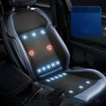 Black car seat cooling pad with USB cable connected to 12V vehicle outlet
