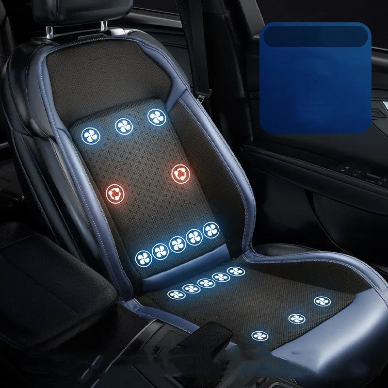 Black car seat cooling pad with USB cable connected to 12V vehicle outlet