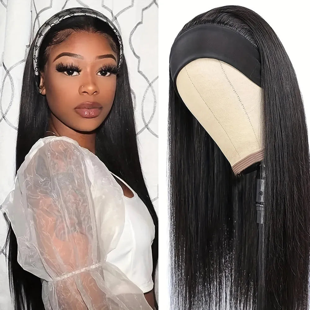 Headband wig with long straight black hair on display stand