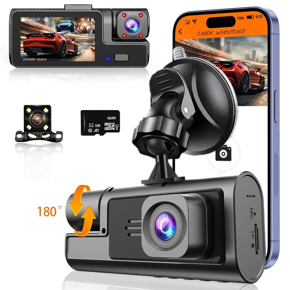 WiFi-connected driving recorder with 2.0-inch screen showing front and rear camera views