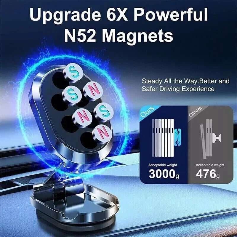 Chrome folding magnetic car phone holder mounted on a dashboard, shown in both extended and compact folded positions.