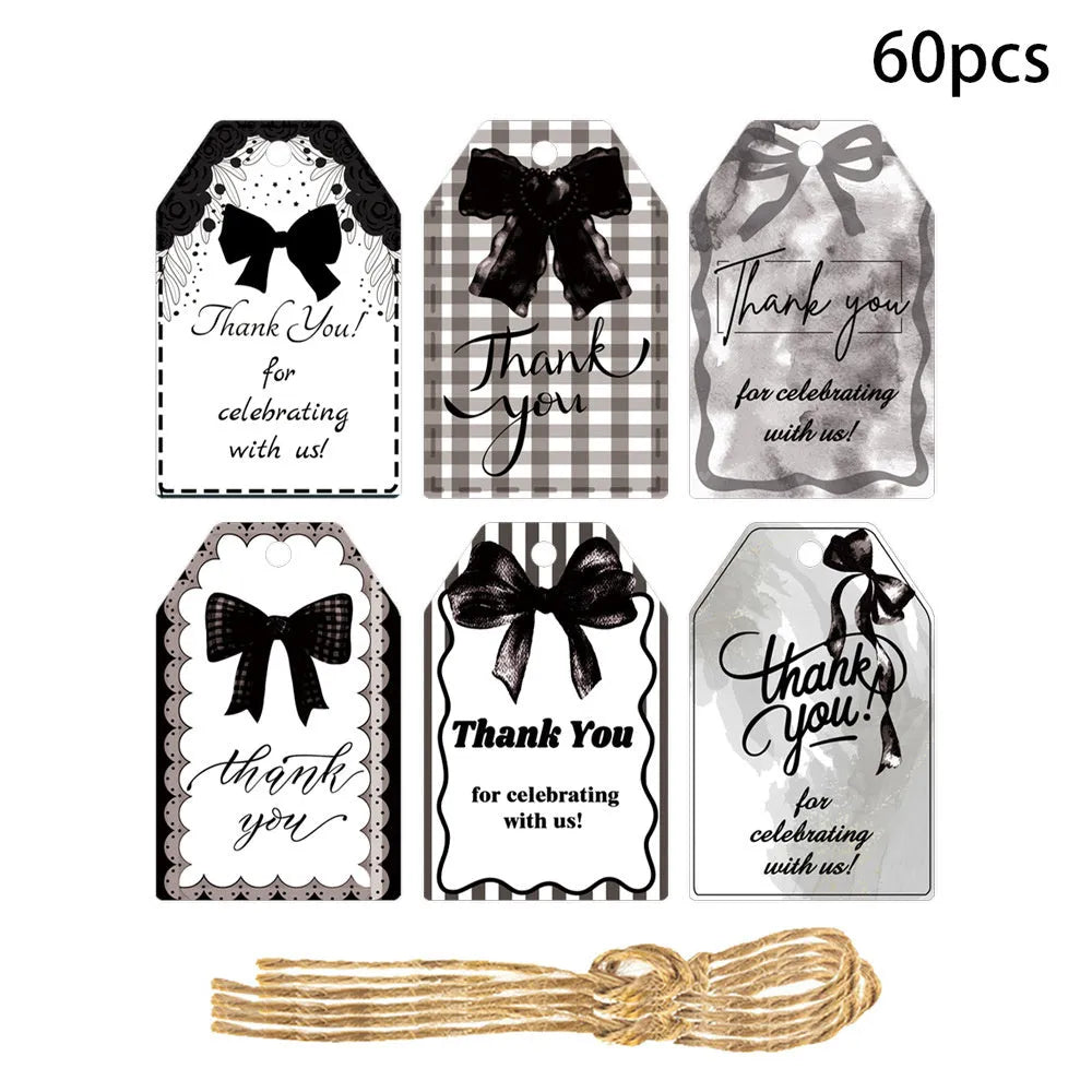 60-piece set of creative bowknot paper gift label tags with natural hemp rope for birthday parties
