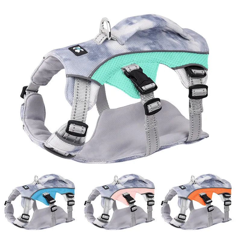 Reflective pet cooling chest strap harness with LED clip in multiple colour options