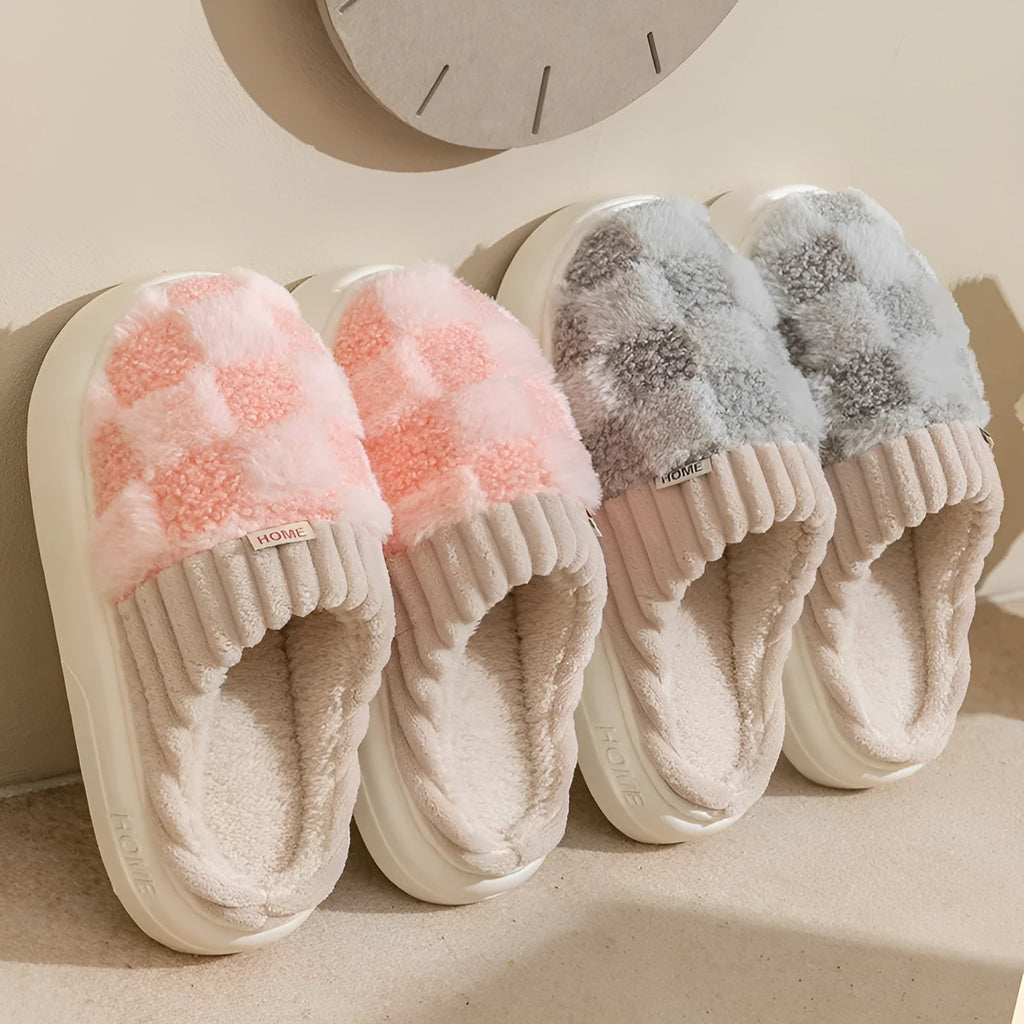 Women's plaid patterned plush slippers with polar fleece upper and non-slip PVC sole in coffee colour