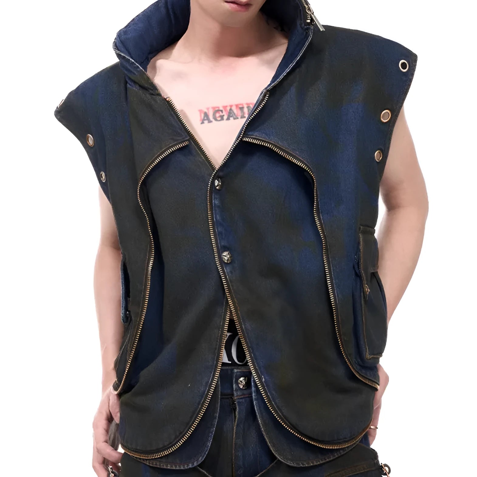 Blue hooded denim vest coat with matching trousers men's casual outfit set Korean style