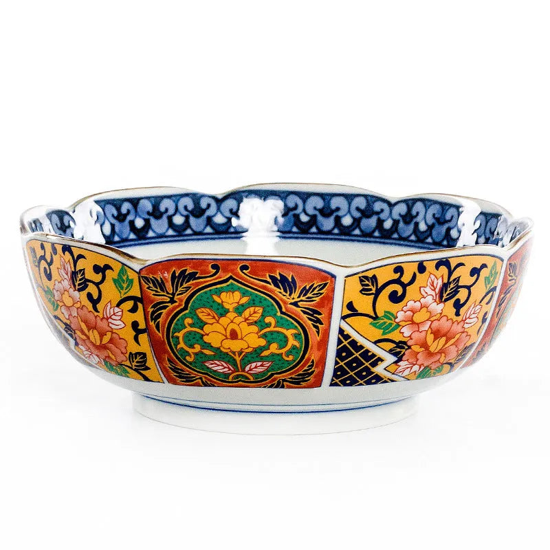 Retro Japanese style porcelain bowls with peony patterns in gold and yellow colours