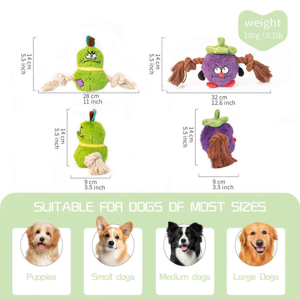Green and purple interactive plush dog toy with rope knots for tug of war.