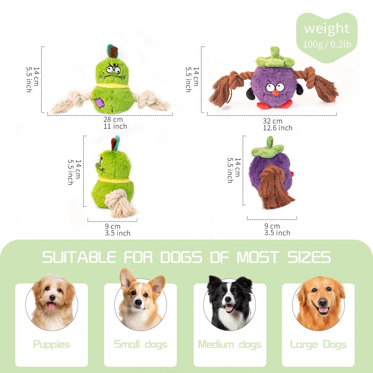 Green and purple interactive plush dog toy with rope knots for tug of war.