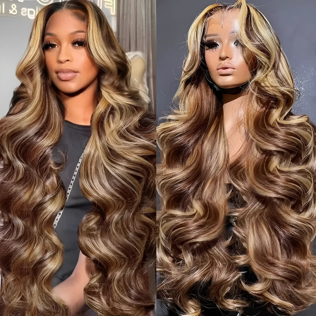 Women's brown big wave lace wig with piano highlights, long curly synthetic hair, available in sizes 12 to 30 inches
