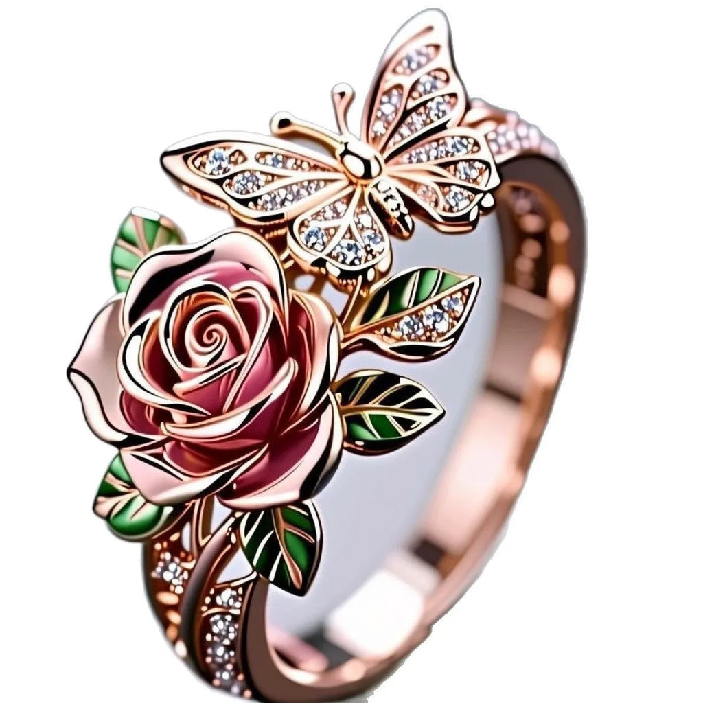 Adjustable butterfly oil drip fairy style necklace ring with colourful alloy surface and floral insect motifs