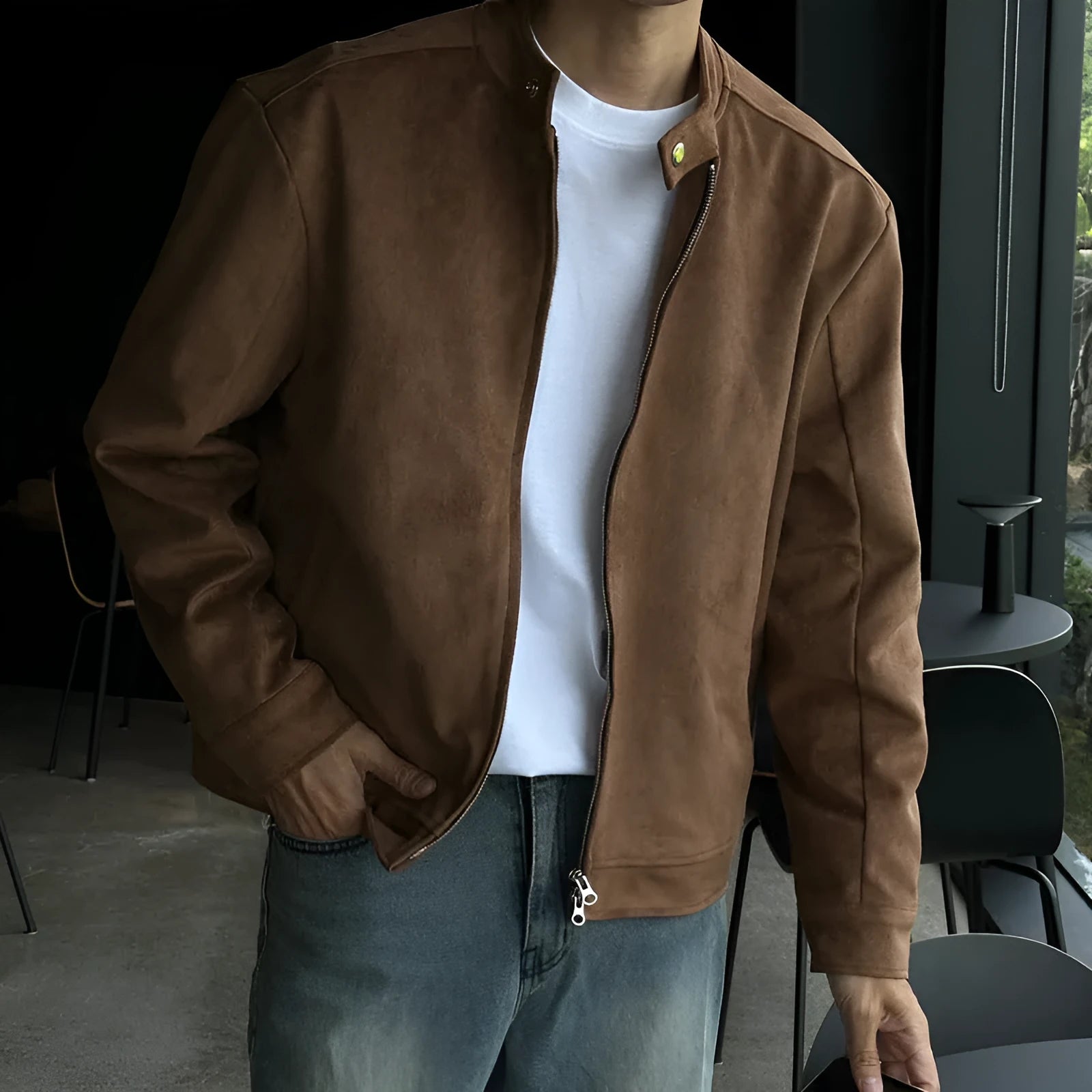 Brown Maillard stand-up collar hooded rabbit fur jacket in camel colour loose fit