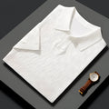 Men's short sleeve mulberry silk sweater with lapels in solid colours: white, black, gray, camel.
