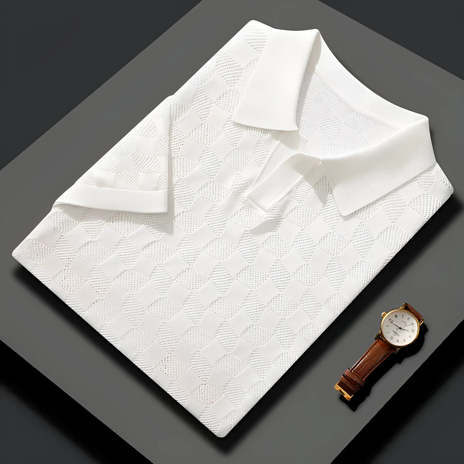 Men's short sleeve mulberry silk sweater with lapels in solid colours: white, black, gray, camel.