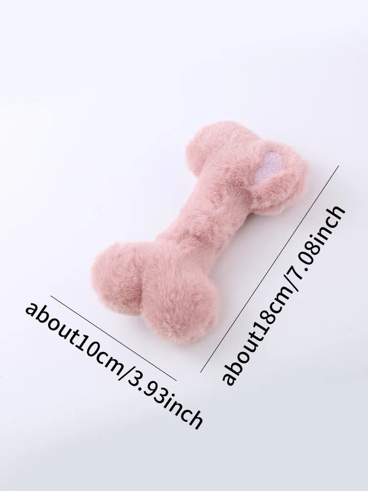 Blue plush bone-shaped dog toy with a squeaker for interactive bite-resistant play