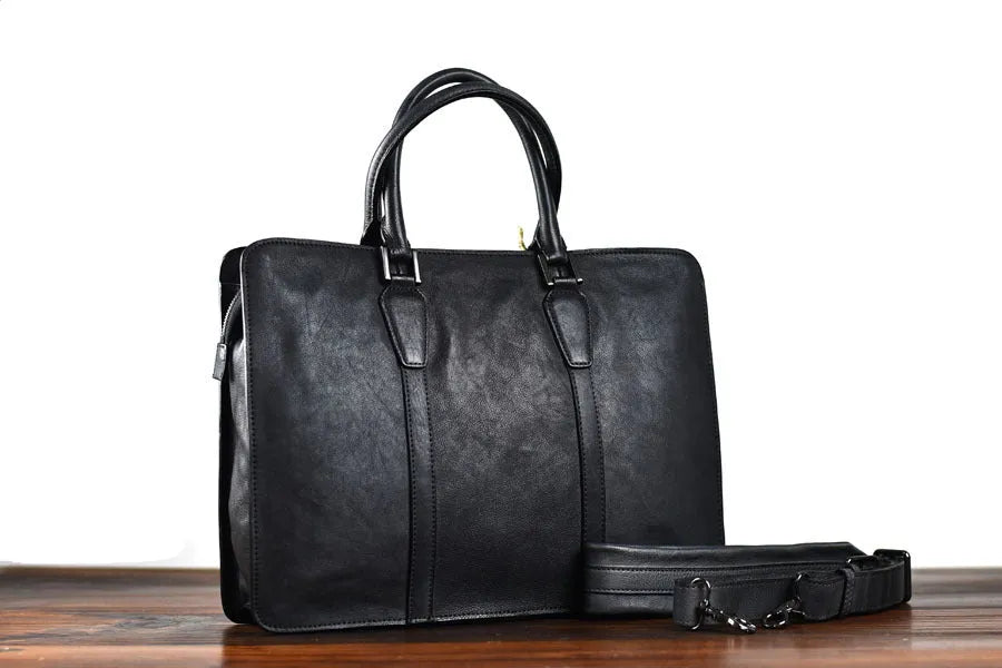 Men's 14-inch horizontal leather business handbag in khaki or black with zipper opening