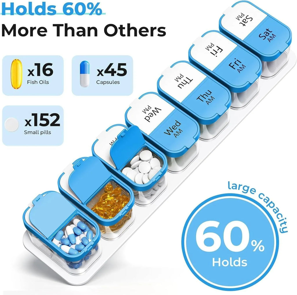 Large white and rainbow coloured plastic pill organiser box with 14 removable compartments and a dustproof lid.