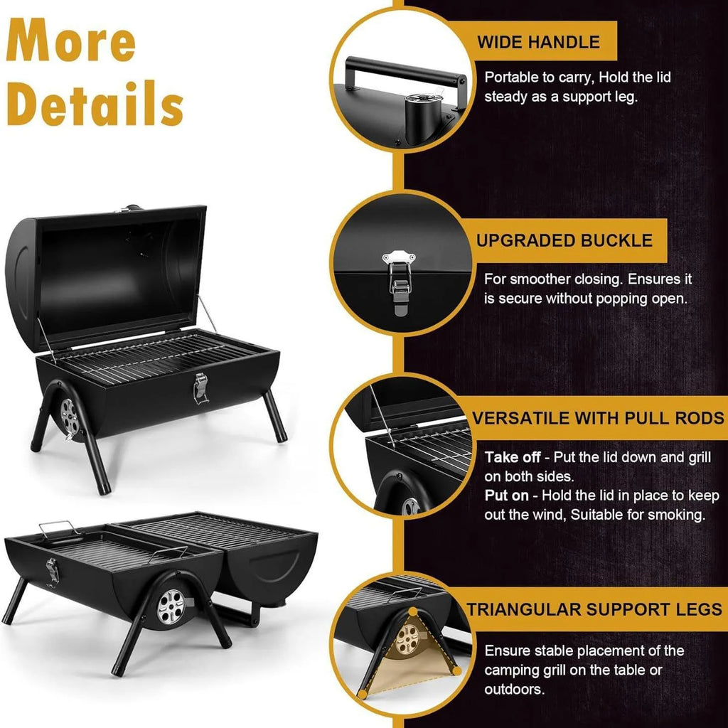 Small folding desktop charcoal barbecue smoking device with grill shown in open cooking position