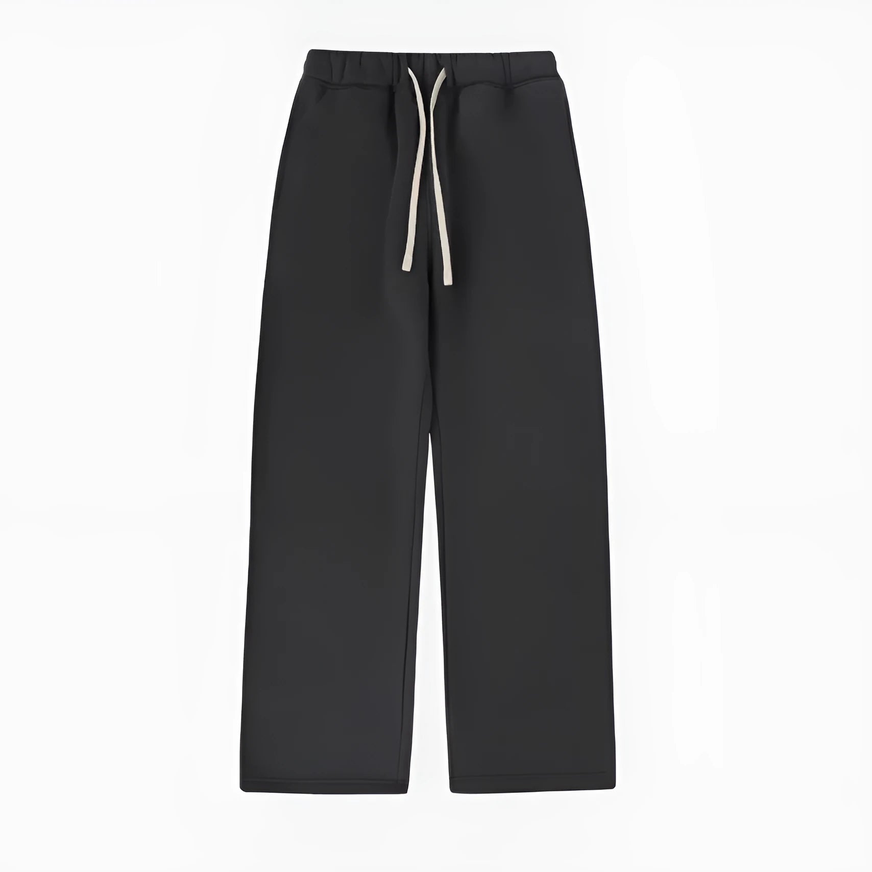 Man wearing black fleece-lined loose-fit sweatpants with an elastic drawstring waist