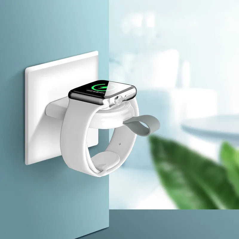 Portable wireless charger dock for Apple Watch in white, with USB cable and compact ABS body