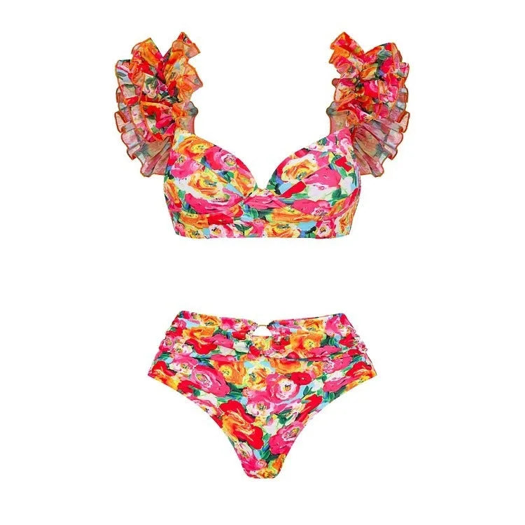 Women's floral push-up bikini set with high-waist briefs on a mannequin.