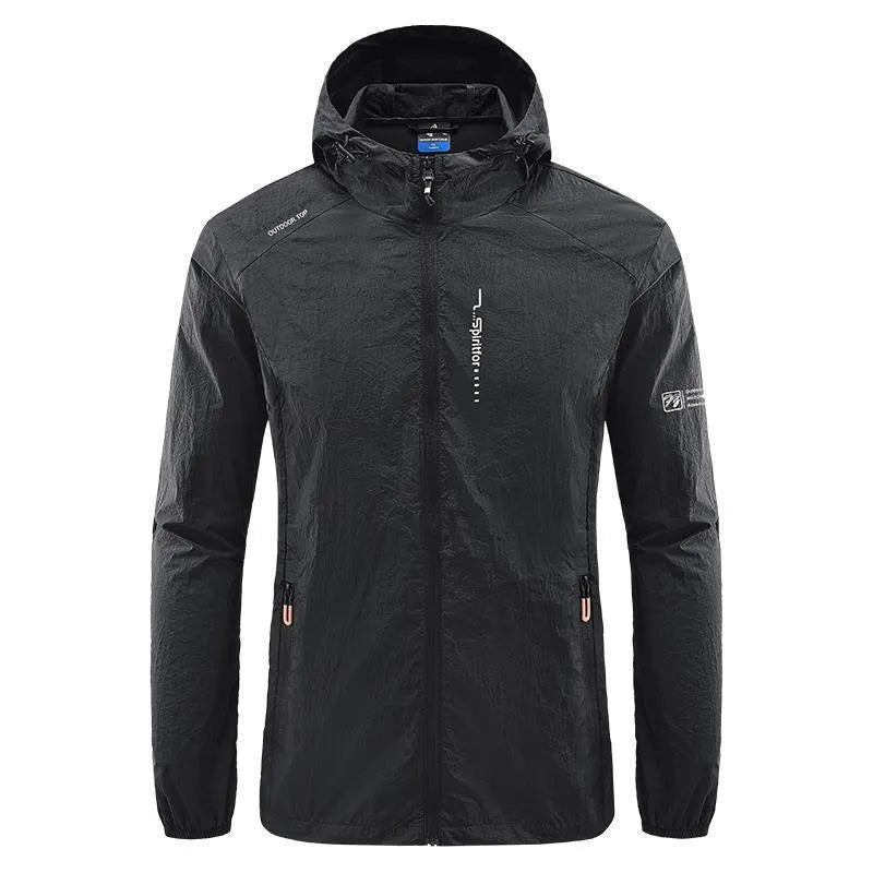 Men's lightweight nylon hooded summer jacket in loose fit, shown in a neutral colour.