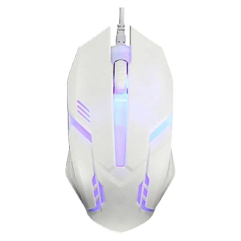 Wired USB computer mouse with colourful LED glow, black or white luminous shell, 3 buttons, and 1.3m cable.