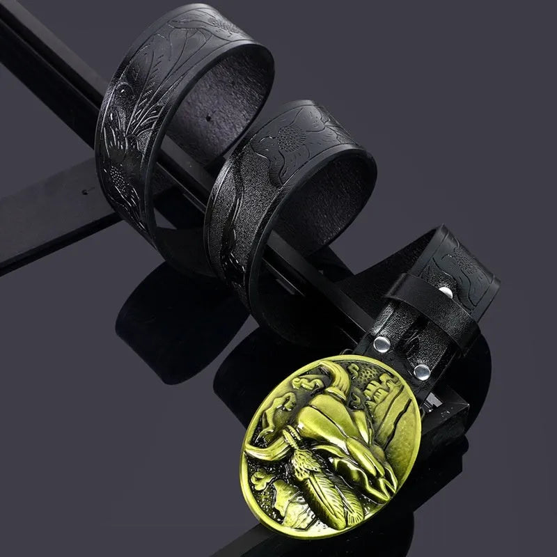 Men's black imitation leather belt with decorative alloy cow head buckle and pin buckle fastening