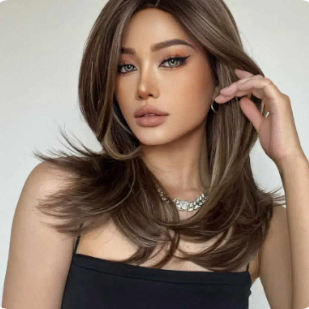 Mid-length platinum gradient curly wig with long bangs in high-temperature fibre.