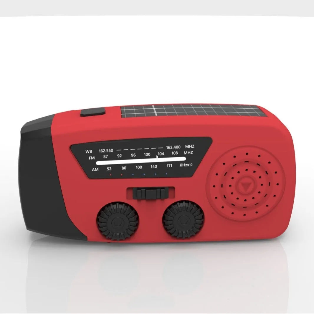 Red rechargeable emergency hand radio torch with AM/FM radio, LED light, and USB power bank functionality