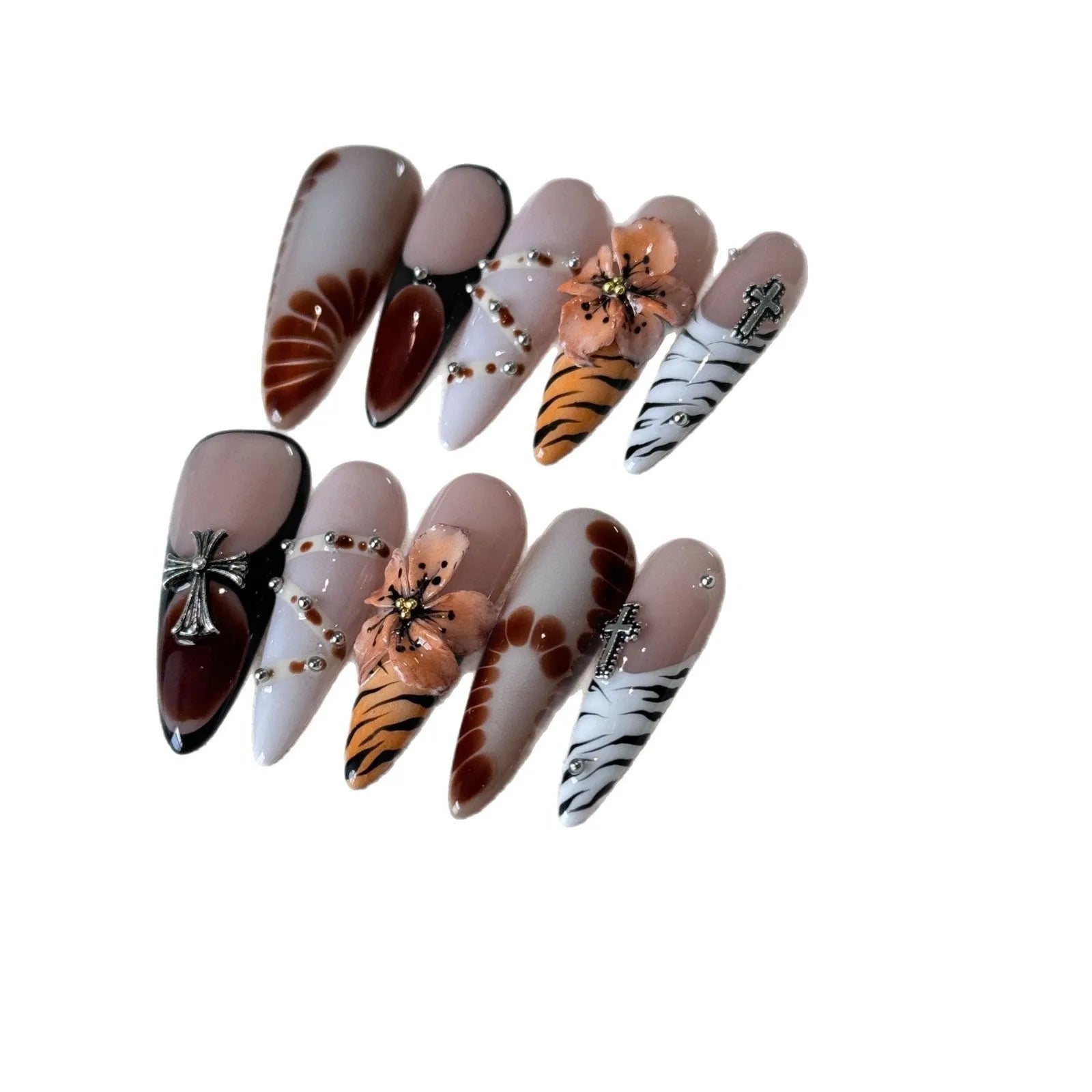 Handmade French style artificial nails with leopard print, cross and flower patterns in four sizes XS, S, M, L.