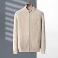Men's half turtleneck zipper cardigan in solid colour with long sleeves and standard wool yarn construction