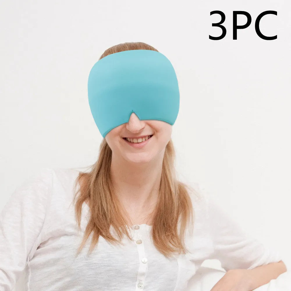 Cold therapy gel eye mask for headache relief in black colour on forehead