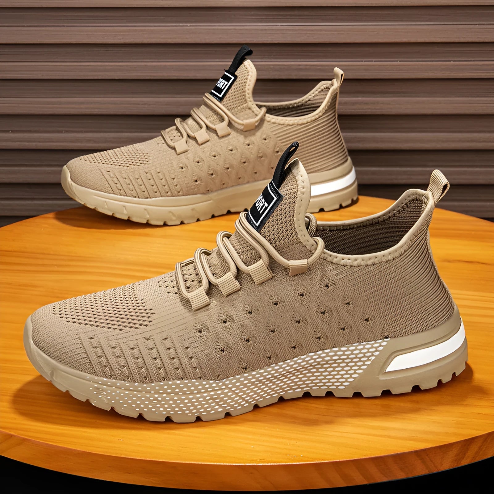 Men's solid colour casual shoes with mesh upper in army green, shown from the side.