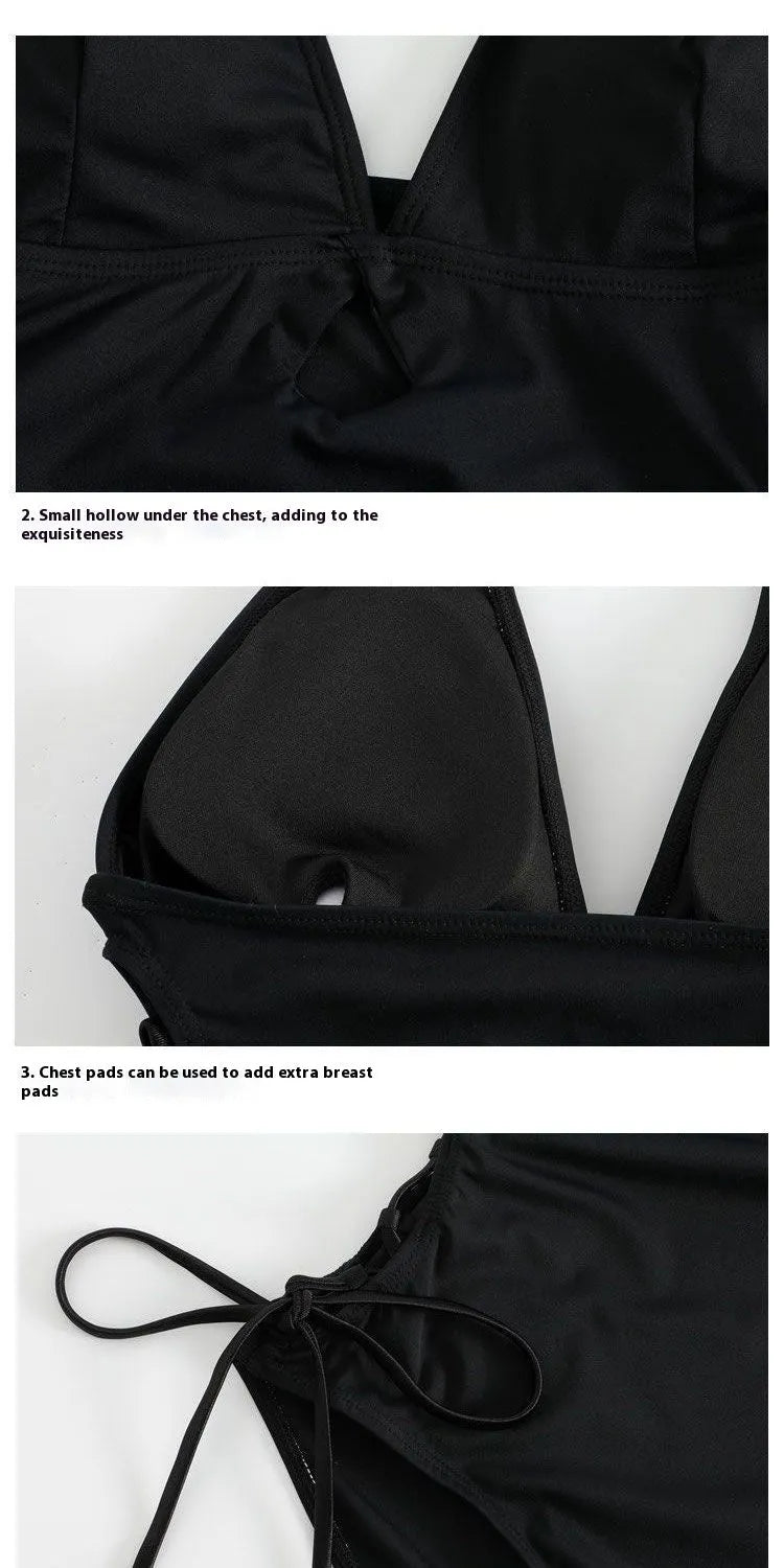 Women's V-neck hollow strap one-piece swimsuit in black, front view, shown on a model