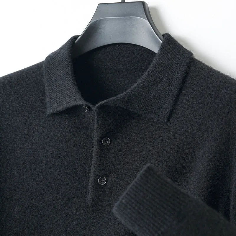 Men's woolen polo collar pullover sweater in noble blue colour on a hanger.