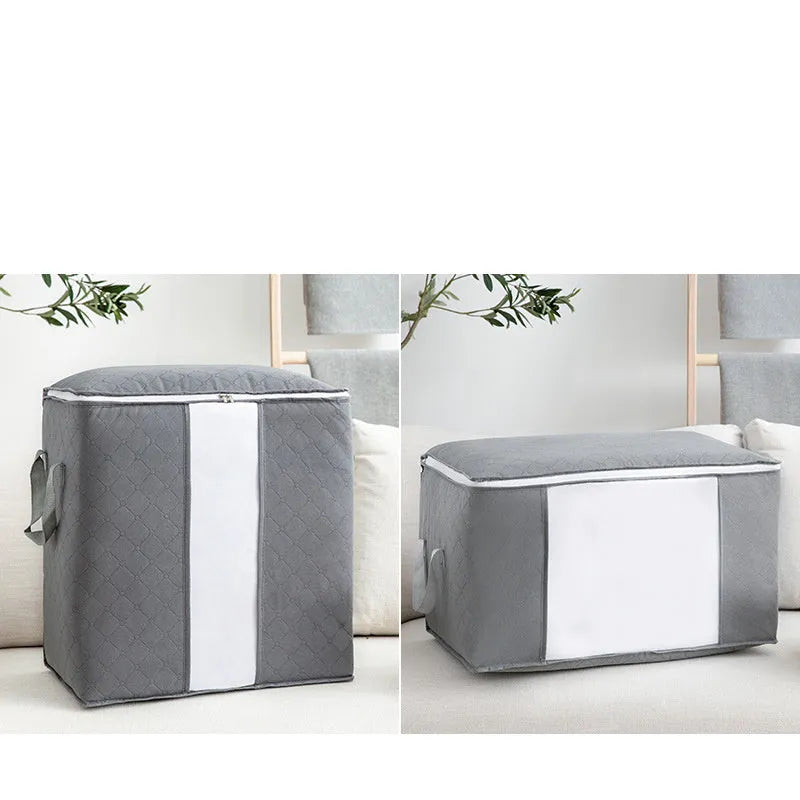 Non-woven handbag-style storage organiser for quilts and clothes in a beige colour.