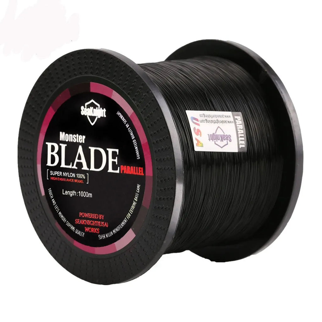 Roll of Seaknight 1000 M nylon monofilament fishing line showing colour and diameter size options.