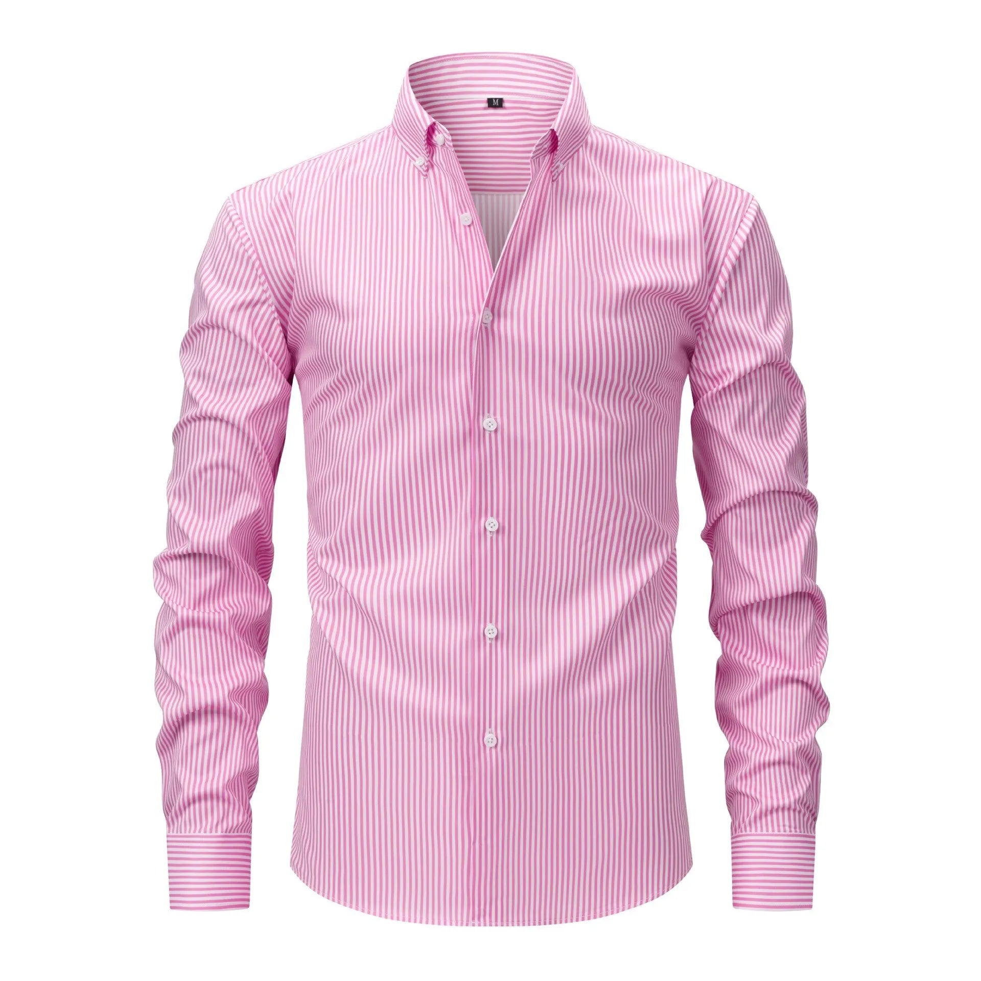 A man wearing a striped long-sleeved business casual shirt with a lapel collar.