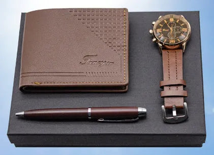 Creative Holiday Gift Set featuring a brown wallet, pen, and watch inside an elegant paper gift box.